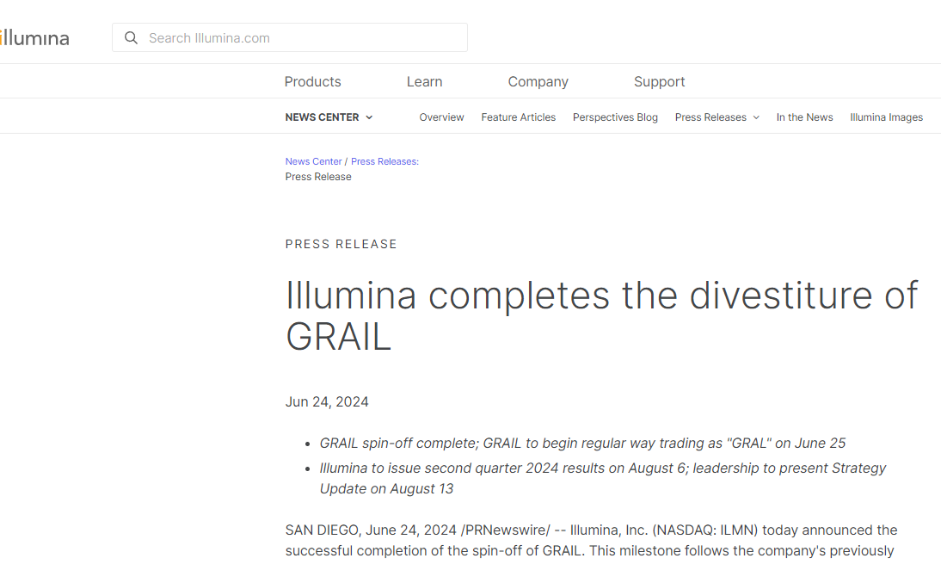 Illumina完成对GRAIL的分拆，GRAIL已于纳斯达克开始交易